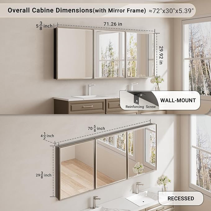 Pre-Assembled Surface or Recessed Medicine Cabinet Mirror-72x30 Brushed Nickel - Image 2