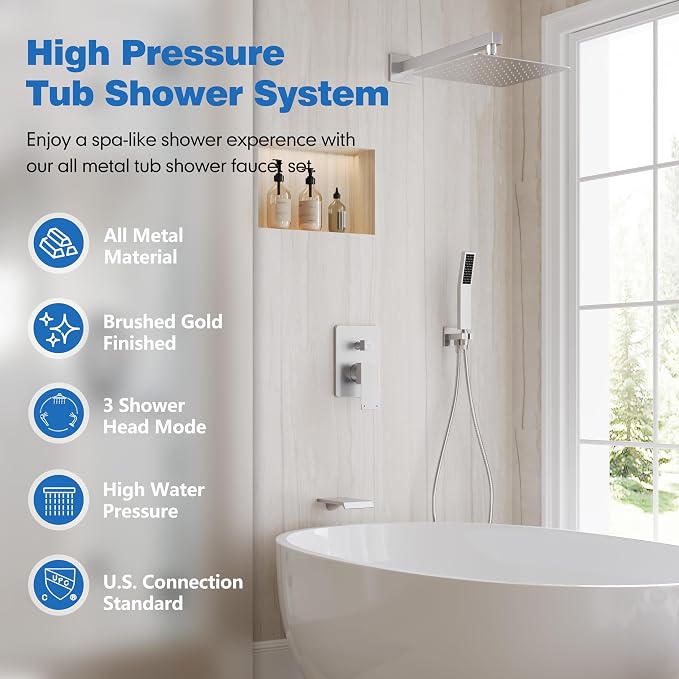 Shower System with Tub Spout, All Metal Tub Shower Faucet Set with 10'' Rain - Image 2