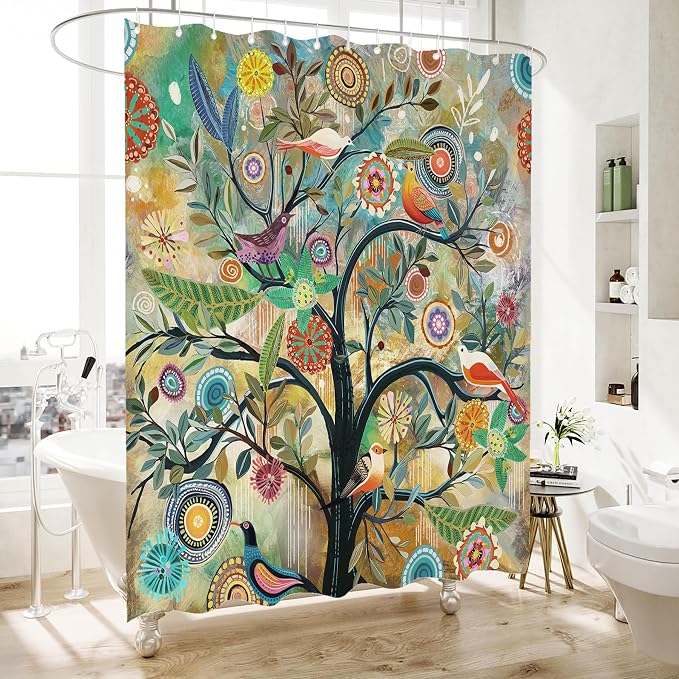 Bohemian Shower Curtain, Boho Floral Print Water Repellent Polyester Fabric - Image 2