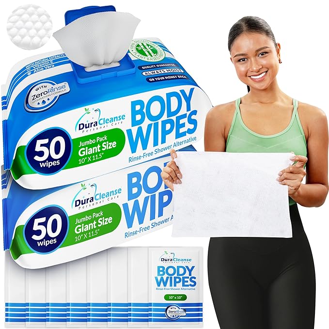 Dura Cleanse Body Wipes for Adults No Rinse Bathing 100 XL Shower Cloths + 8 by DuraCleanse