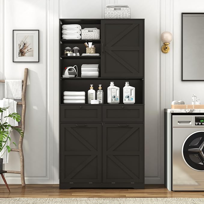 78" Tall Tilt-Out Double Doors Laundry Cabinet Hamper w Hidden Laundry Hamper - Image 3