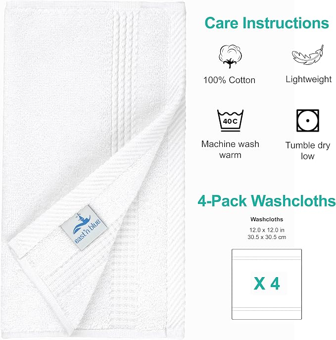 EastNBlue Lara 100% Turkish Cotton Washcloths 4 Pack, Extra Soft & Absorbent - Image 2