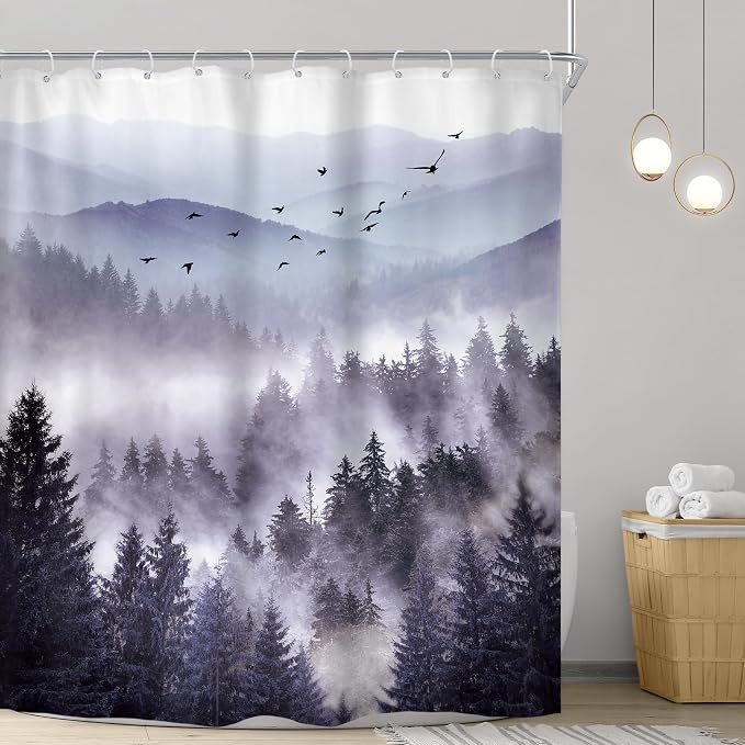 Riyidecor Purple Shower Curtain 72Wx96H Inch Extra Long Mountain Nature - Image 2
