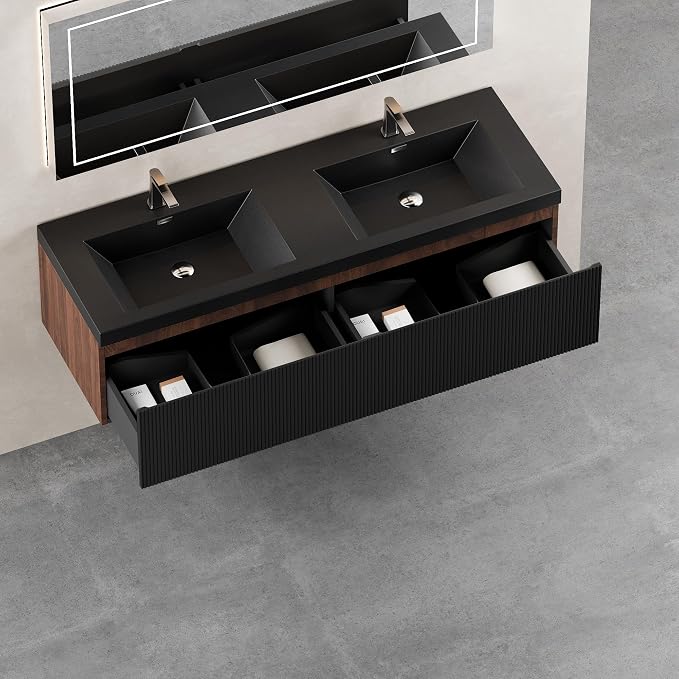 60'' Modern Floating Bathroom Vanity Sink Combo, Wall-Mounted Striped Cabinet - Image 8
