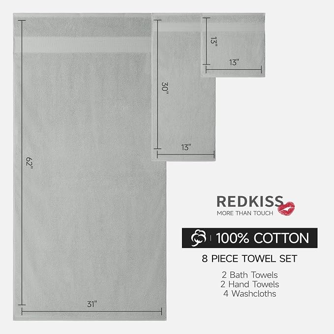 REDKISS Grey Towel Set of 8-100% Cotton Luxury Bath Towels Set - Image 3