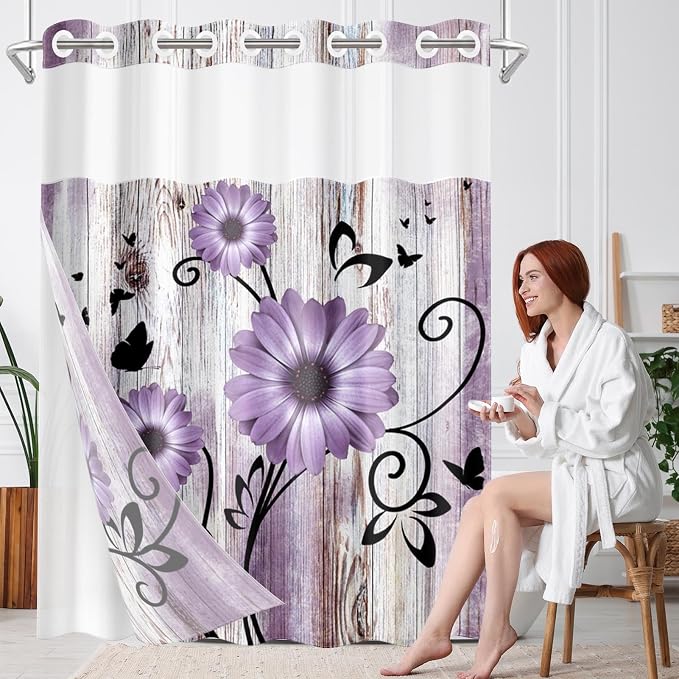 No Hook Purple Flower Shower Curtain - Image 7