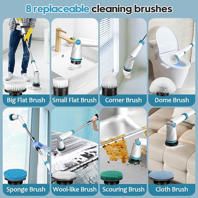 1500RPM Electric Spin Scrubber, 8 Brush Heads Electric Scrubber - Image 5