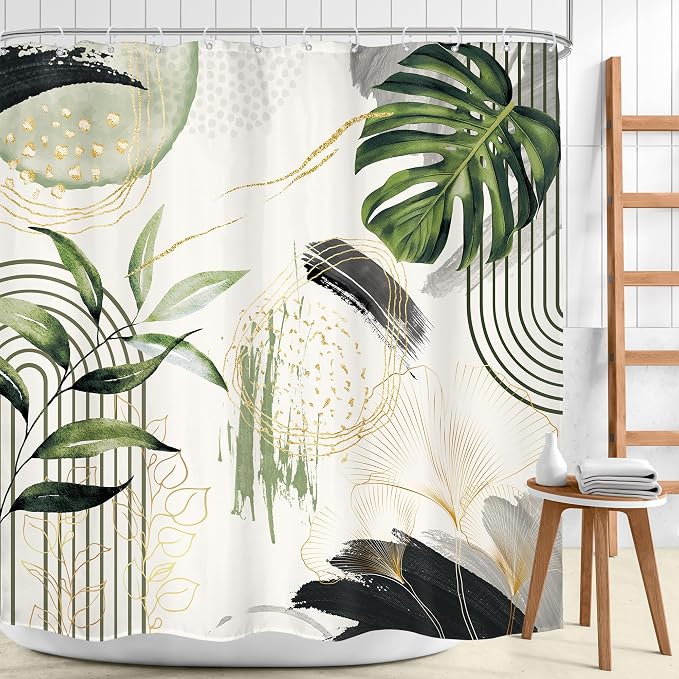Grey Green Boho Shower Curtain 72Wx72H Abstract Tropical Palm Leaves Modern - Image 2