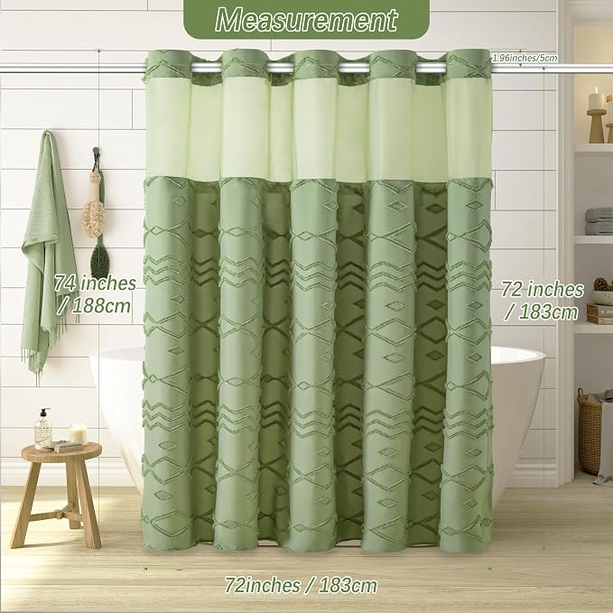No Hooks Shower Curtain with Snap-in Liner, Sage Green Boho Tufted Chevron - Image 6