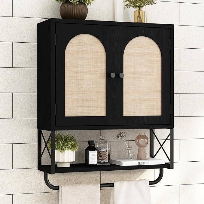 RUSTOWN Rattan Bathroom Wall Cabinet, Boho Over The Toilet Storage Cabinet by RUSTOWN