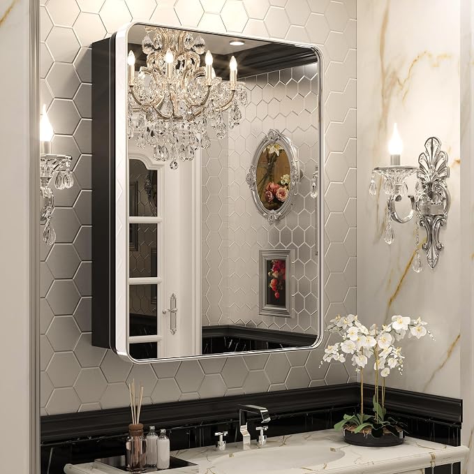 Keonjinn 24 x 32 Inch Chrome Recessed Medicine Cabinets, Bathroom Mirrored by Keonjinn