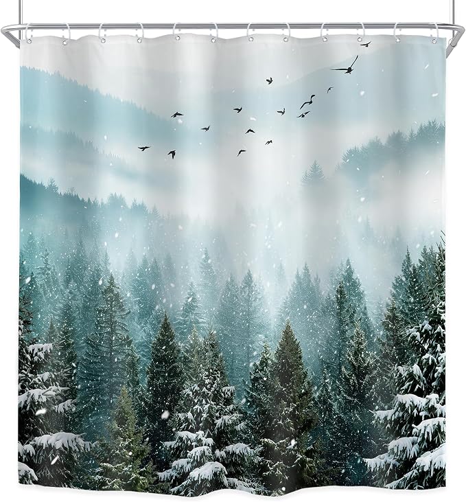 Riyidecor Green Mountain Shower Curtain 72Wx72H Inch Winter Snowy Rustic Sage - Image 7