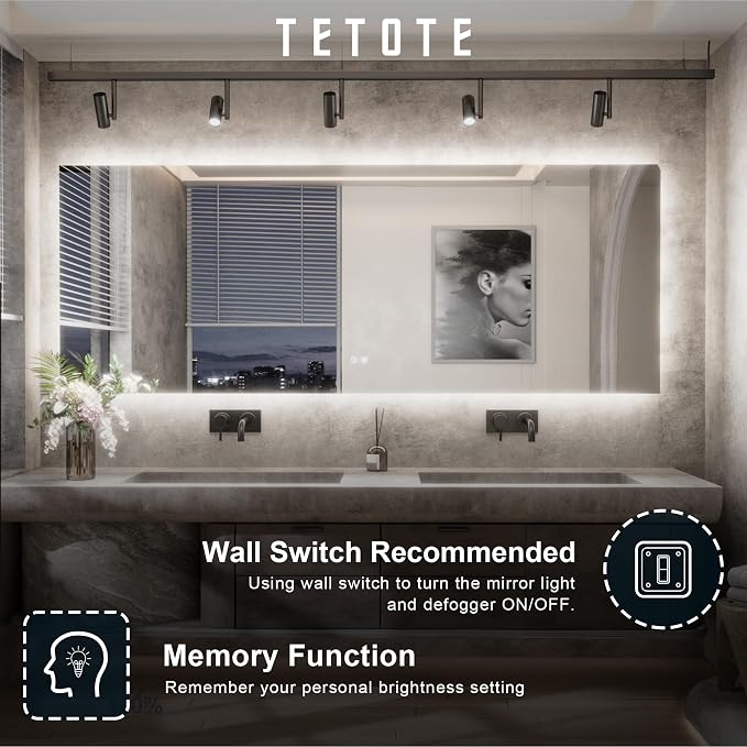 TETOTE 40 x 28 Inch LED Mirror Backlit Bathroom, Anti-Fog Mirror - Image 4