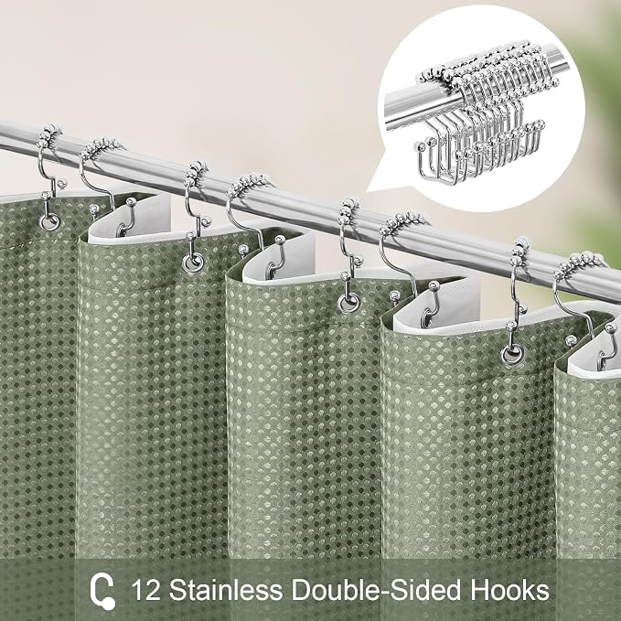 3 in 1 Long Shower Curtain Set-72 W x 78 H, Sage Green Waffle and PEVA Liner Set - Image 3