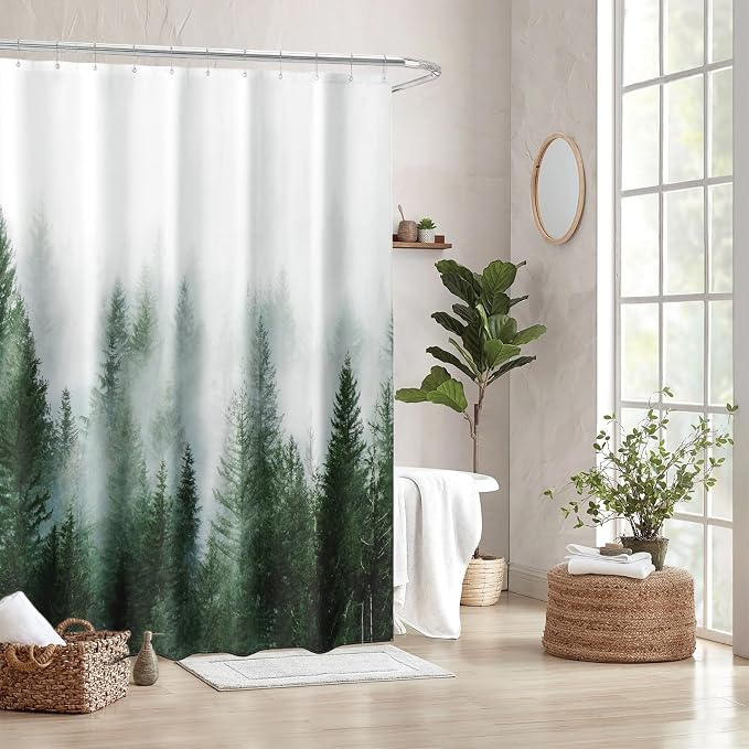 ORTIGIA Green Shower Curtain for Bathroom Misty Forest Pattern, Nature Woodland - Image 8
