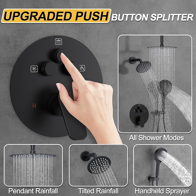 Shower Faucet Set Matte Black Shower System, Round Rain Shower Head and - Image 4