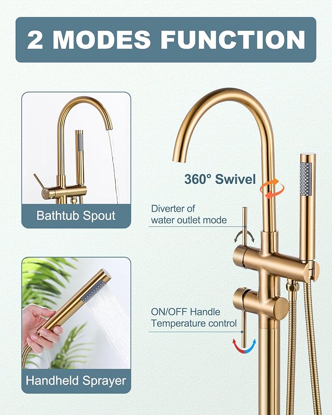 Freestanding Bathtub Faucet Brushed Gold, Floor Mount Tub Filler, High Flow - Image 2