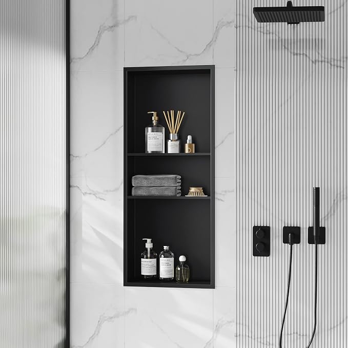 Neodrain 12X30 in Shower Niche, Matte Black 3 Layers Shower Shelf Stainless - Image 2