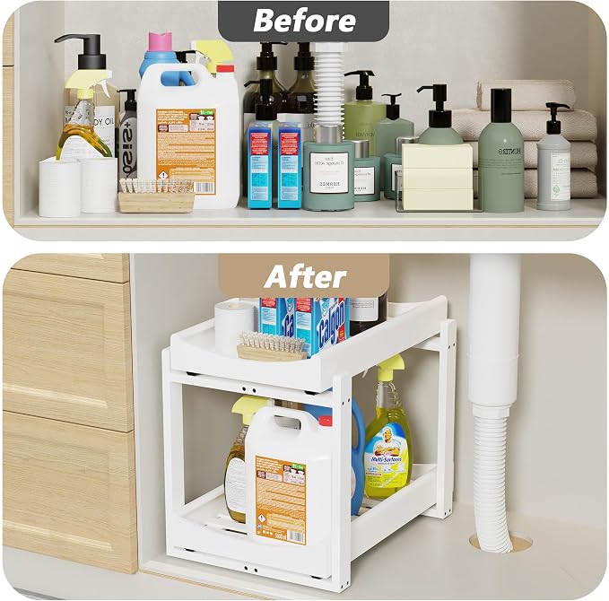 Bamboo Under Sink Organizer Adjustable Height 2 Tier Bathroom Organizer Pull - Image 4