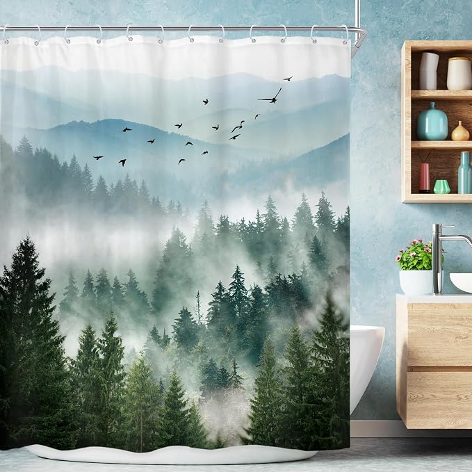 Riyidecor Green Mountain Shower Curtain 72Wx72H Inch Nature Scenery Foggy Pine by Riyidecor
