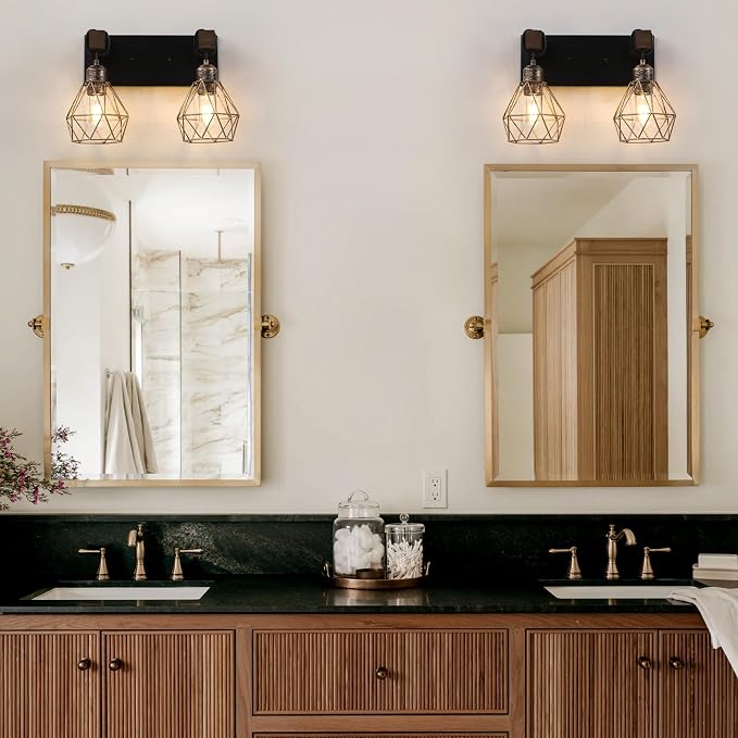 Farmhouse Vanity Light for Bathroom, 2-Light Black Gold Wood Bathroom Vanity - Image 7