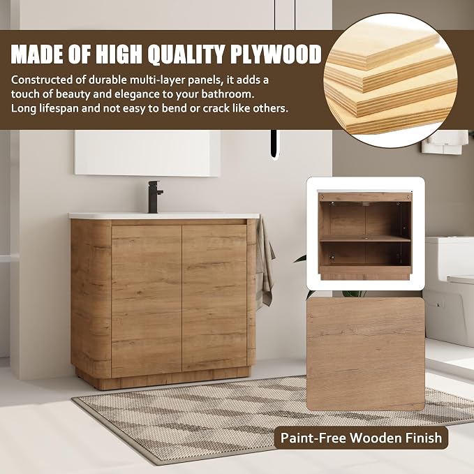 36 Inch Bathroom Vanity with Sink, Premium Plywood Wooden Cabinet with Soft - Image 3