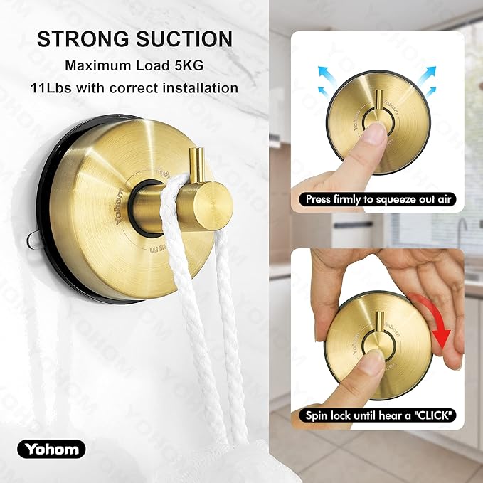 YOHOM Suction Cup Hooks for Shower Gold Towel Holder Stainless Steel Vacuum - Image 4