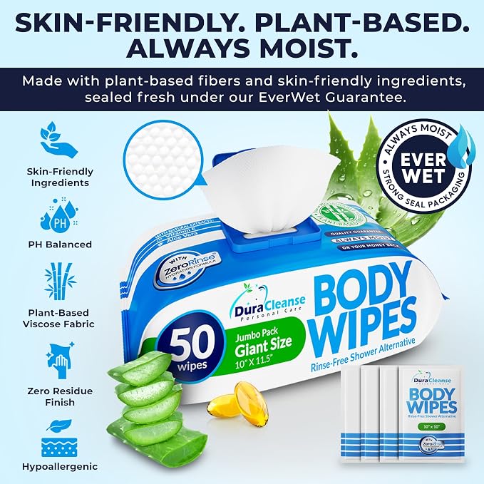 Dura Cleanse Body Wipes for Adults No Rinse Bathing 100 XL Shower Cloths + 8 - Image 3