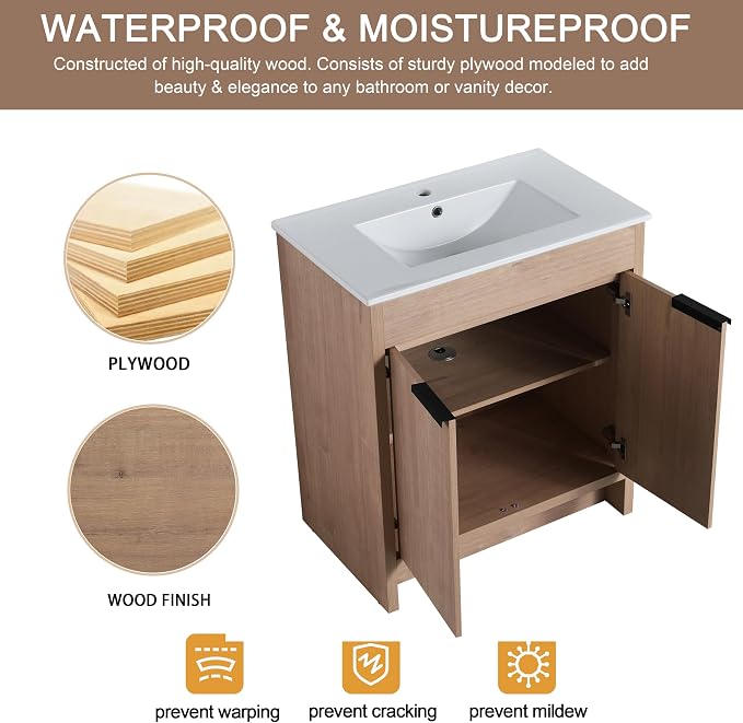 30 Inch Bathroom Vanity with Ceramic Sink, Freestanding Brown Bathroom Vanity - Image 5