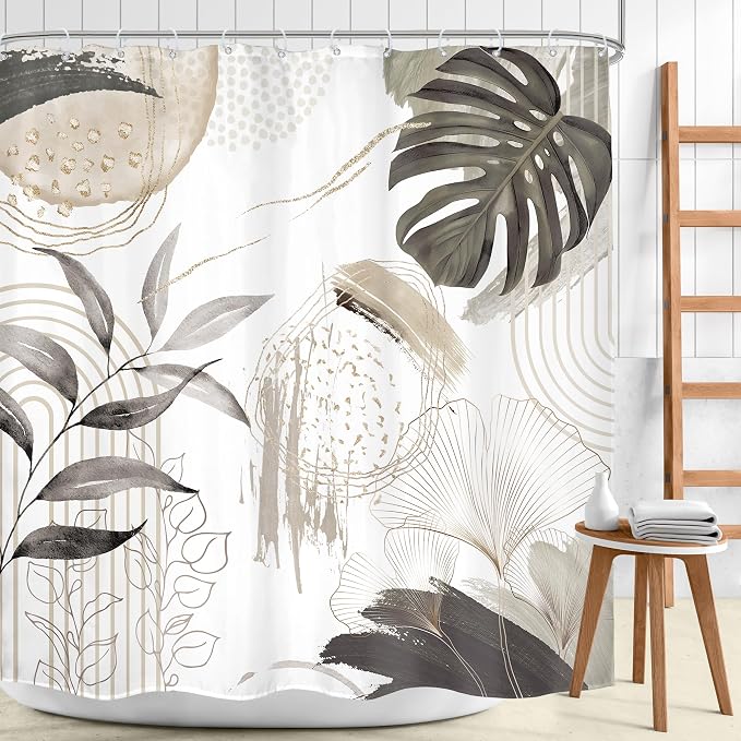 Gray Boho Shower Curtain 72Wx72H Tropical Palm Leaves Bohemian Botanical - Image 2