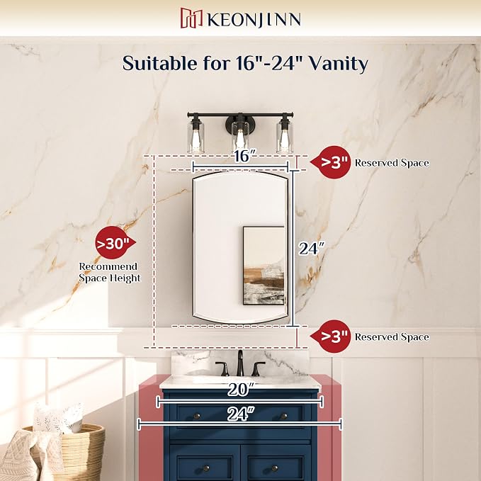 Keonjinn Black Medicine Cabinet 16 x 26 Inch, Surface Mount or Recessed - Image 3