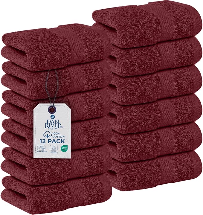 DAN RIVER 12-Pack Premium 100% Cotton Pomegranate Face Towels – Reusable Face by DanRiver