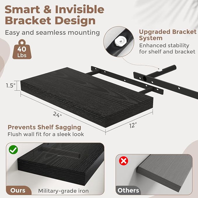 24 Inch Floating Shelves for Wall Set of 2, Easy Install Engineered Wood - Image 3