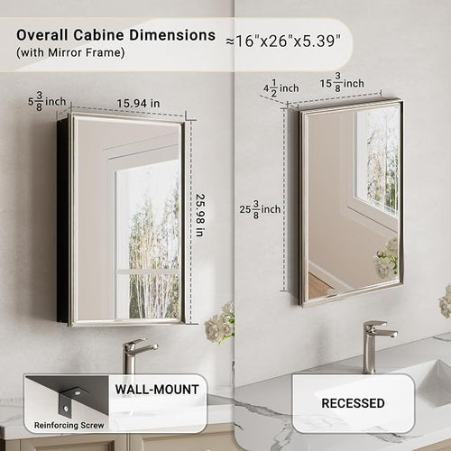 16x26 Pre-Assembled Bathroom Medicine Cabinet Mirror, Surface or Recessed - Image 2