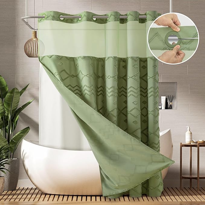 No Hooks Shower Curtain with Snap-in Liner, Sage Green Boho Tufted Chevron by PANGSINNEDirect