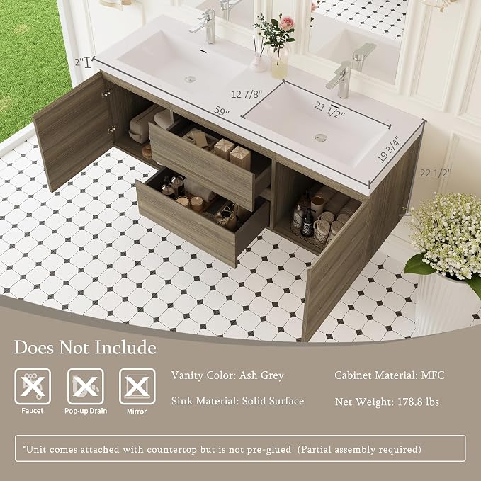 60-Inch Floating Bathroom Vanity, Modern Wall-Mounted Bathroom Storage Vanity - Image 3