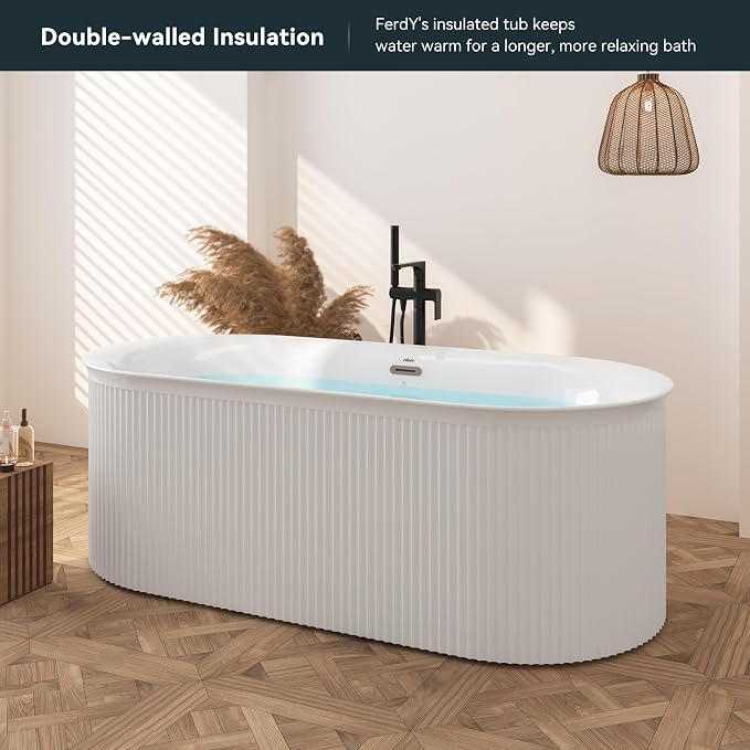 FerdY Nami 67" Acrylic Freestanding Bathtub, V Shape Freestanding Soaking - Image 2