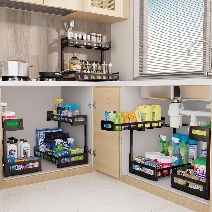 Under Sink Organizer 2 Pack, Metal Large Capacity 2-Tier Sliding Cabinet - Image 8