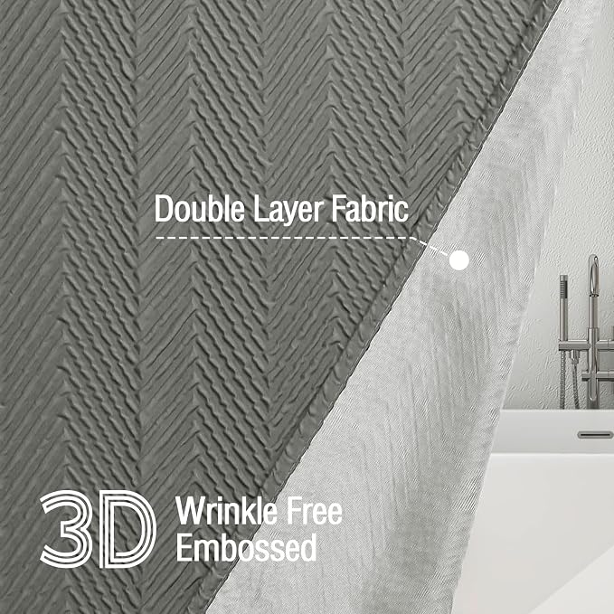 Gibelle Grey Shower Curtain, 3D Embossed Textured Herringbone Fabric Shower - Image 2
