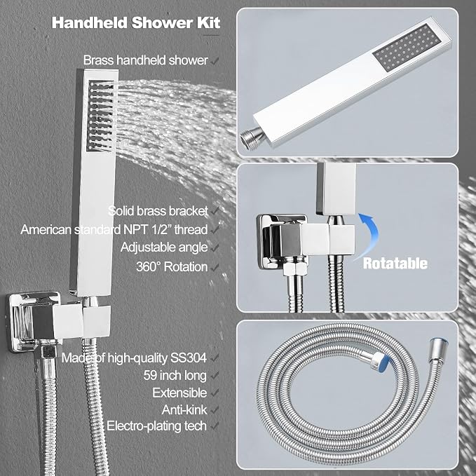 Shower Faucet Set with Body Jets 10 Inch Polished Chrome Shower Head Handheld - Image 4