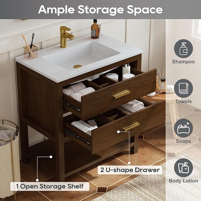 30 Inch Bathroom Vanity with Sink, Farmhouse Storage Cabinet with Drawers & - Image 3