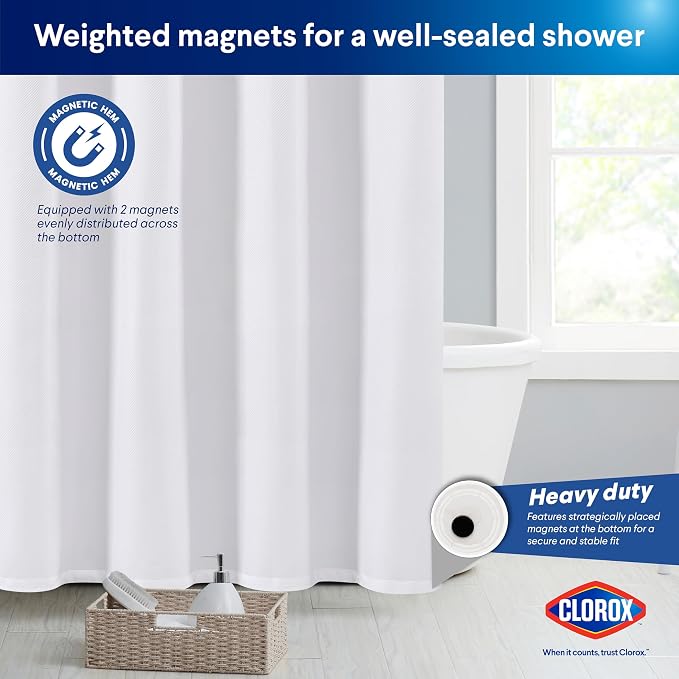 Clorox 2-in-1 Bathroom Shower Curtain Liner w Metal Hooks, Durable Fabric - Image 6