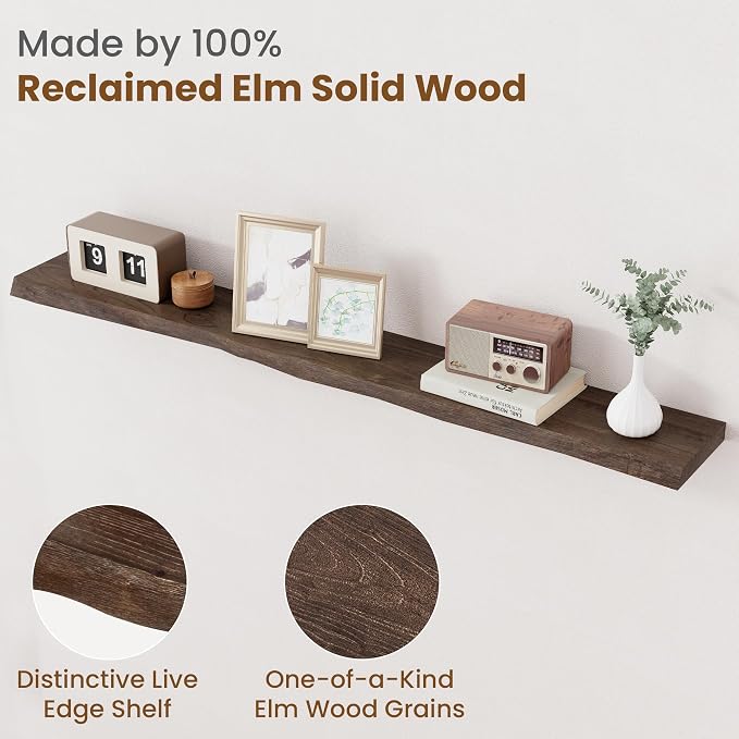 Floating Shelves for Wall Decor, Rustic Solid Elm Wood Live Edge Floating - Image 3