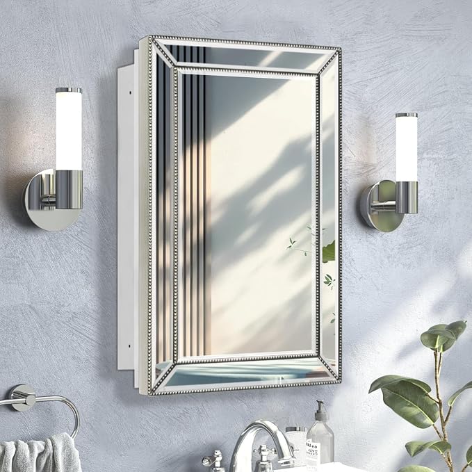 Bathroom Medicine Cabinet with Silver Metro Beaded Wooden Frame, 16x26 Inch - Image 9