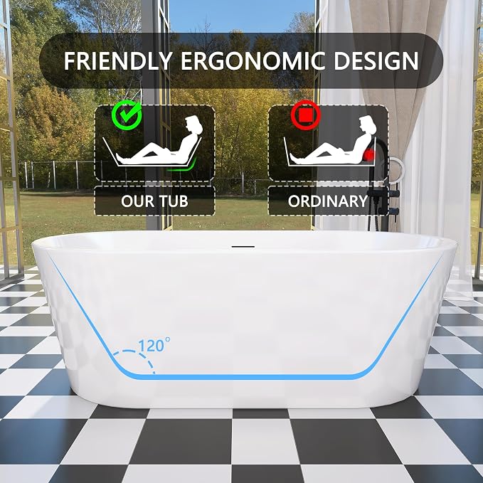 59" Free Standing Tub, Pure Acrylic Freestanding Bathtub, Stylish Stand Alone - Image 3