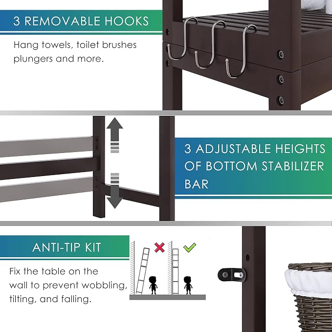 SMIBUY Bathroom Storage Shelf, Bamboo Over-The-Toilet Organizer Rack, - Image 6