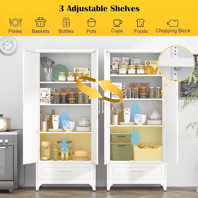 Metal Storage Cabinet with Drawers, 75Inch White Pantry Cabinets - Image 6