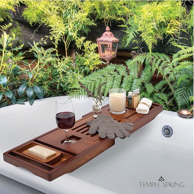 Temple Spring Wooden Bathtub Tray, Bamboo Bathroom Accessories, Bath Tray - Image 6