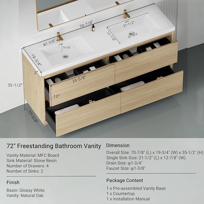 72 Inch Bathroom Vanity with Sink, Double Sink Bathroom Vanity, Freestanding - Image 2