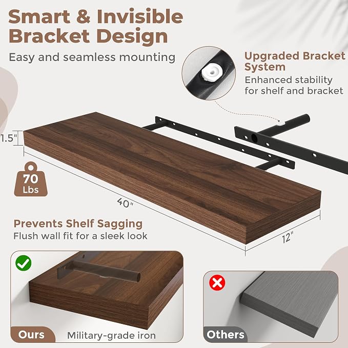 40 Inch Long Floating Shelves for Wall Set of 2, Easy Install Engineered Wood - Image 3